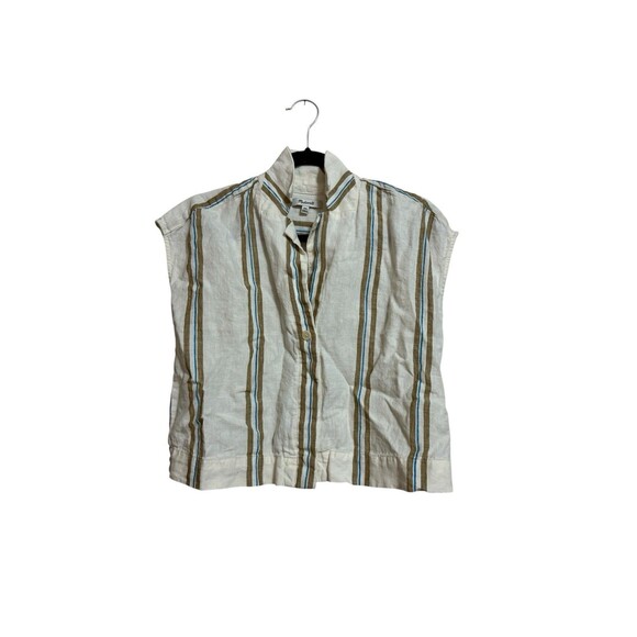 Madewell Boxy Cap Sleeve Linen Top Size XXS White Tan Blue Stripe - Picture 1 of 5
